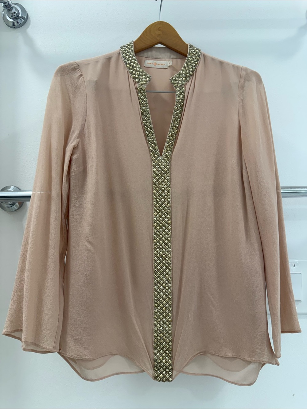 Tory Burch Blush Pearl-Embellished Sheer Blouse